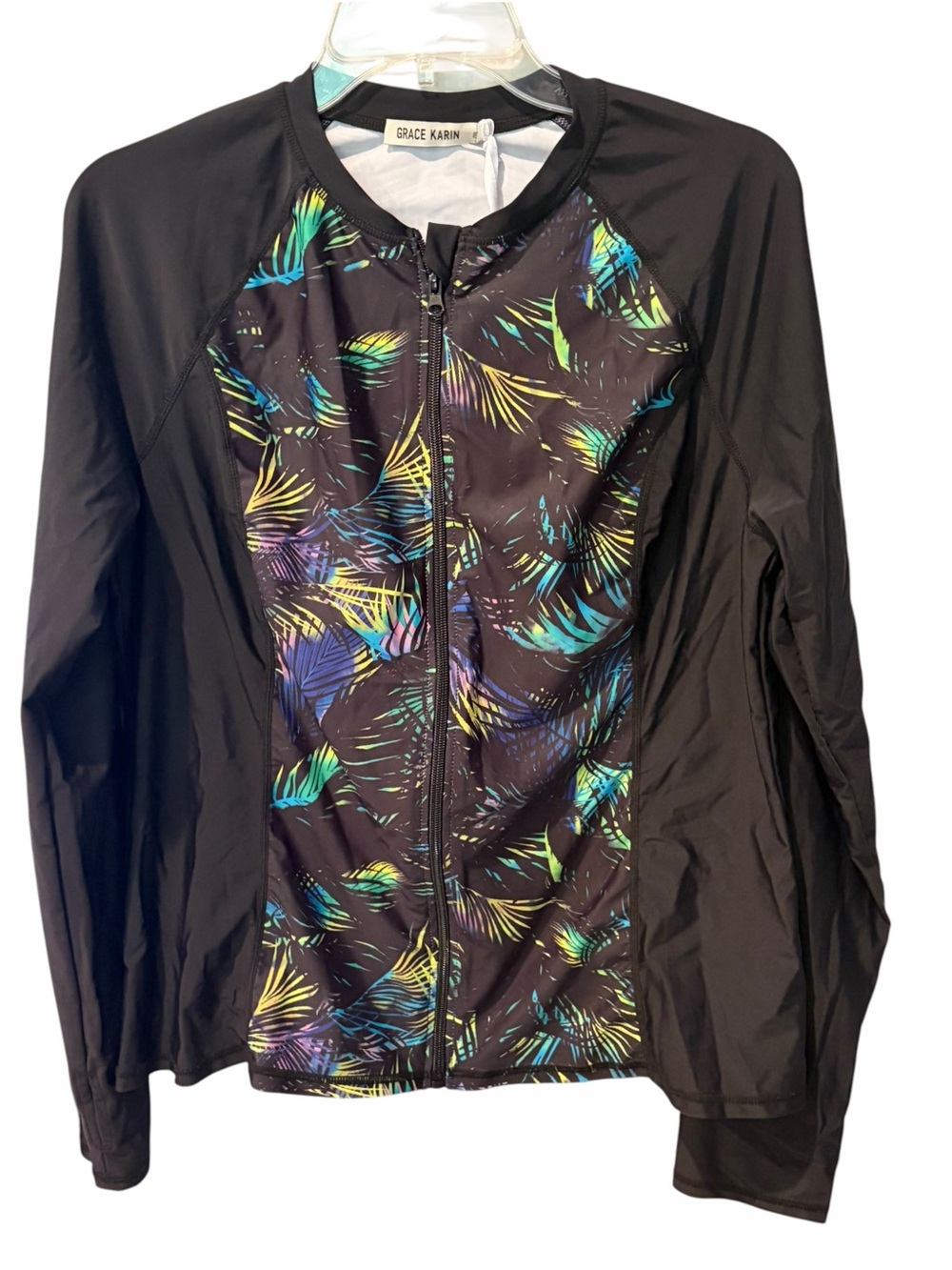 Grace Karin Black Long-Sleeve Rash Guard with Multicolor Leaf Print